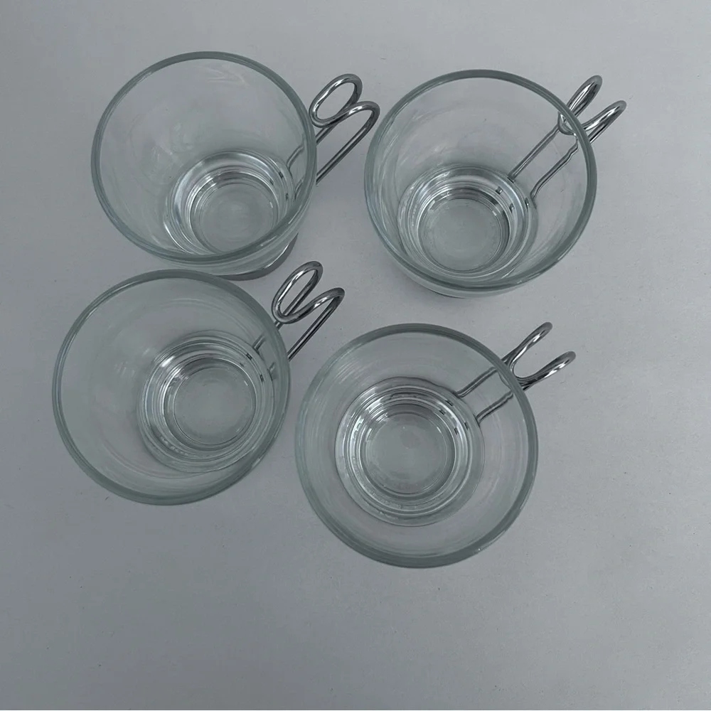 Bormioli‎ Rocco Set of Four Tempered Glass Espresso Cups with Silver Handles